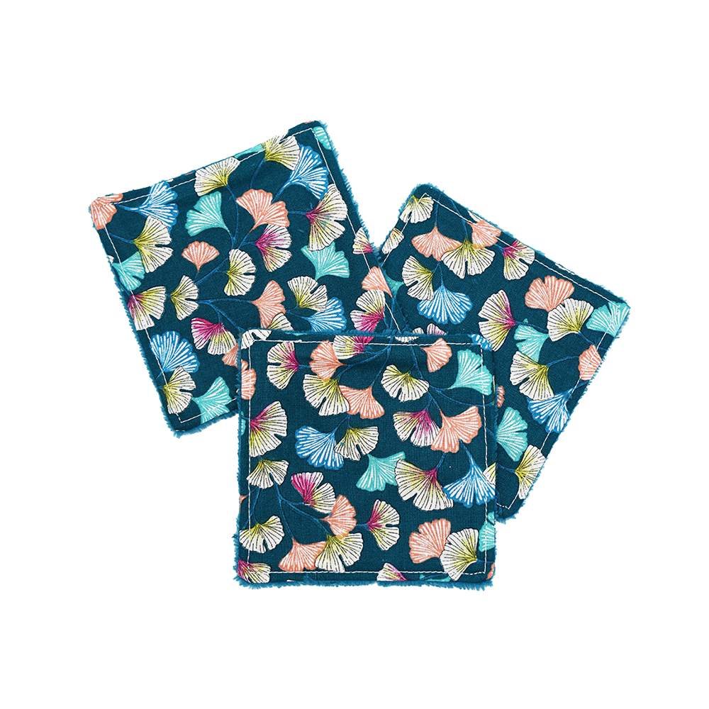 Lot de 3 cotons lavables assortis motif feuilles bleues