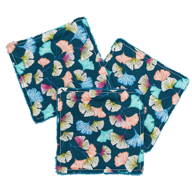 Lot de 3 cotons lavables assortis motif feuilles bleues