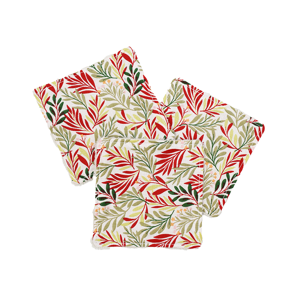 Lot de 3 cotons lavables assortis motif feuille rouge, vert et blanc