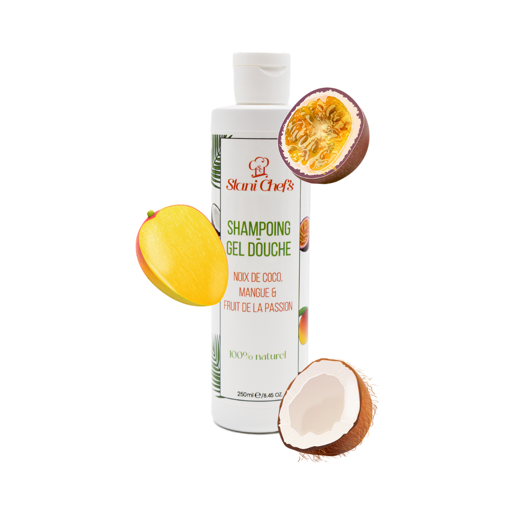 2en 1Gel douche corps et shampoing à la noix de coco, mangue  fruit de la passion - 250ml 100% naturel