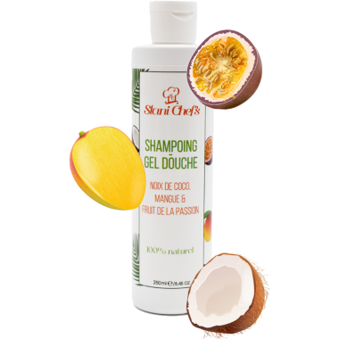 2en 1Gel douche corps et shampoing à la noix de coco, mangue  fruit de la passion - 250ml 100% naturel